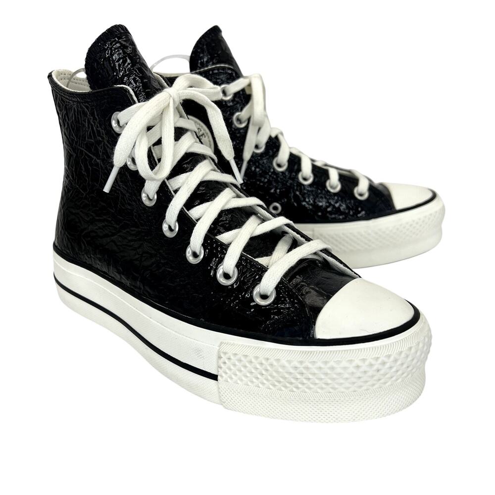 Converse All Star Lift Platform Sneaker Black Crinkled Leather High Top Lace Up